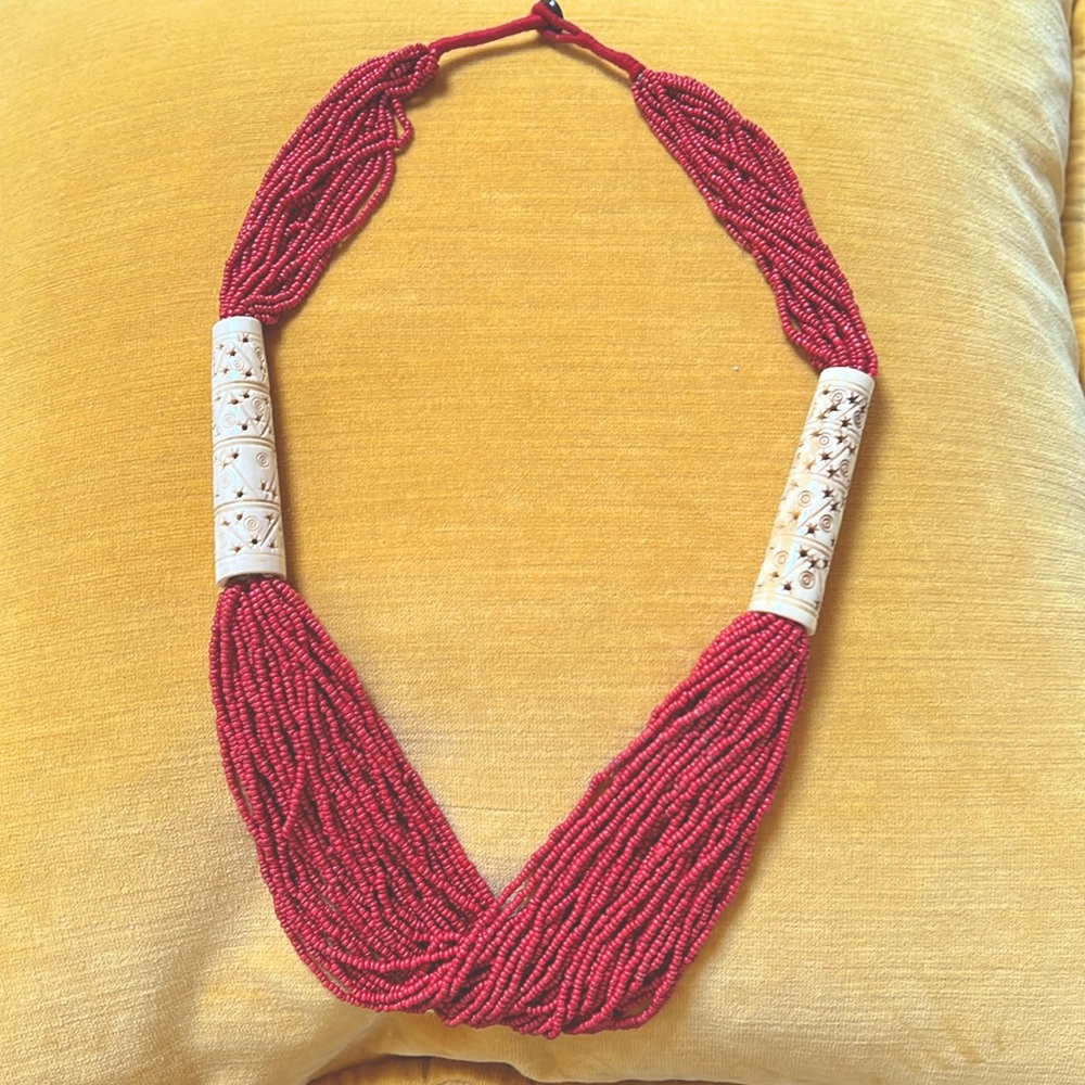 Tibetan Coral and carved bone necklace